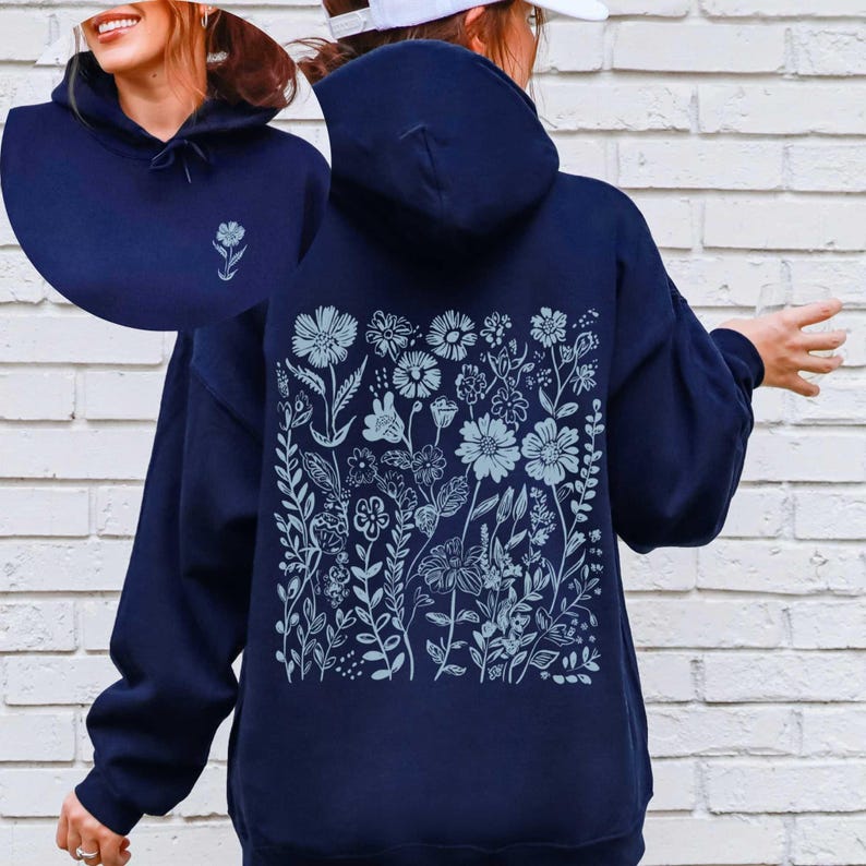 Blue Wildflower Hoodie: Women's Cottagecore Graphic Sweatshirt image 1