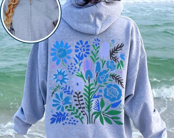 Blue Floral Zip-Up Hoodie - Cottagecore Botanical Print