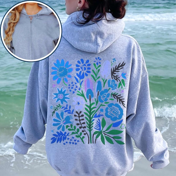 Blue Floral Zip-Up Hoodie - Cottagecore Botanical Print