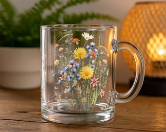 Clear Glass Coffee Mug: Floral Botanical Design, 10oz