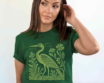 Folklore Kunst Reiher Shirt: Linoldruck Blauer Reiher