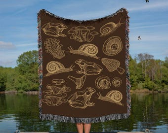 Frog and Mushroom Woven Blanket: Whimsigoth Forest Tapestry
