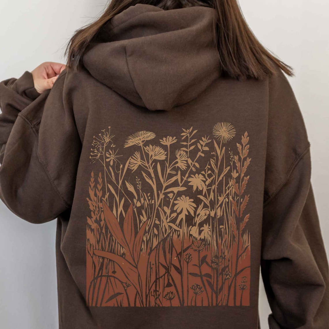 Wildflower Linocut Hoodie: Brown Naturecore Cottagecore Sweatshirt - Etsy