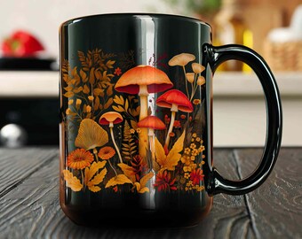Mushroom Foraging Mug: Goblincore Whimsigoth Black Ceramic Coffee Mug