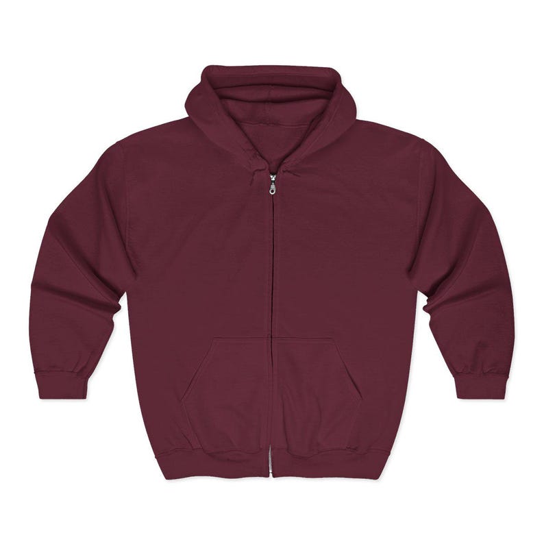May include: A maroon zip-up hoodie with a hood and a kangaroo pocket. The hoodie has a full-length zipper and is made of a soft, comfortable material. The sleeves are long and the cuffs are ribbed.