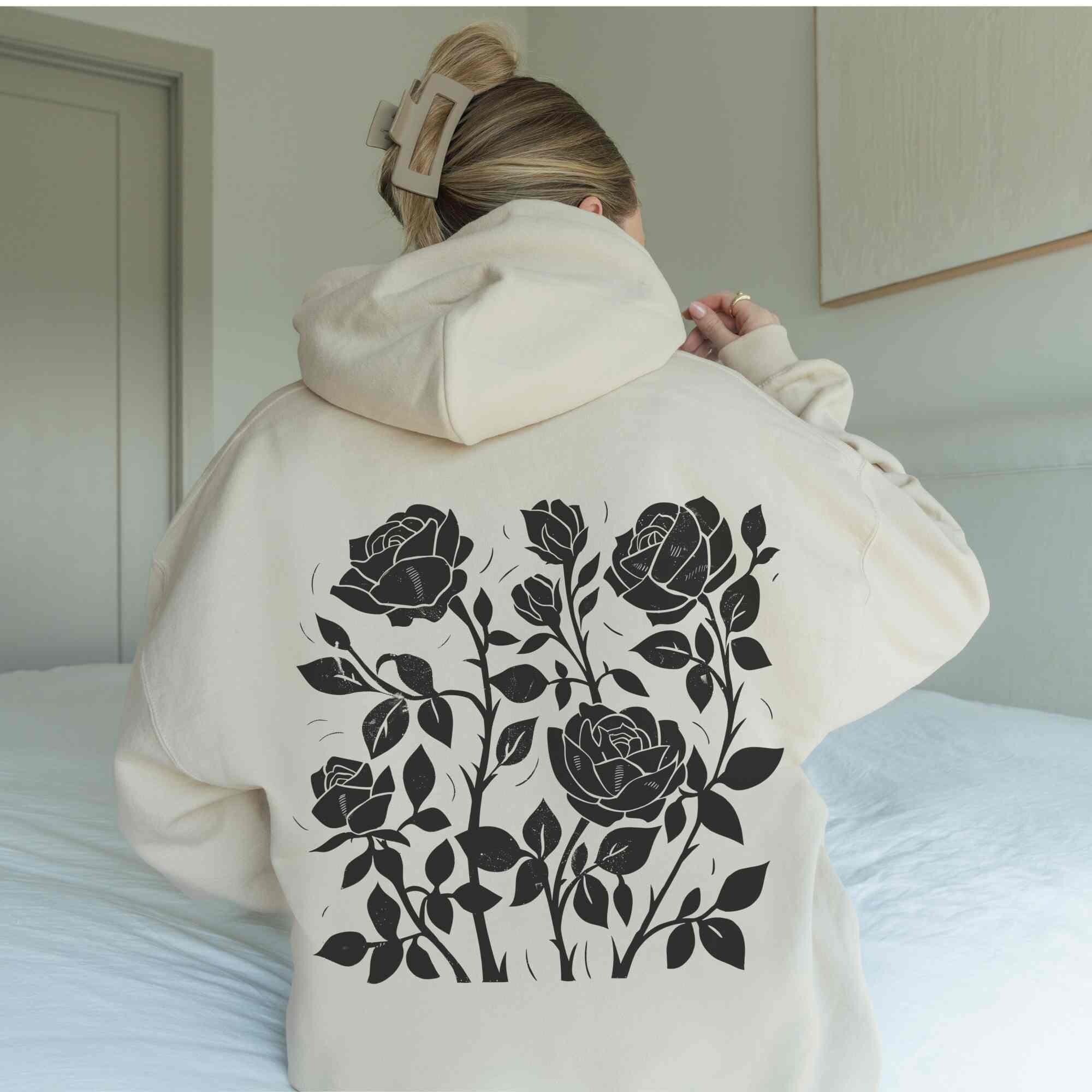 Rose Graphic Hoodie: Linocut Wildflower Print, Unisex Sweatshirt