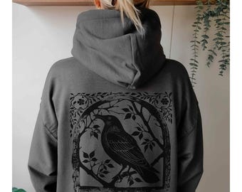 Crow Hoodie Raven Sweatshirt Bird Hoodie Crowcore Linocut Shirt Block Print Shirt Granola Girl Birder Gift Gothic Clothes Bird Lover Hoodie
