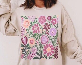 Sudadera con cuello redondo y estampado de flores silvestres: Camisa floral Naturecore