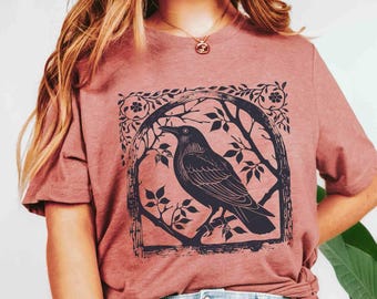 Koszulka z nadrukiem Crow Block: Gothic Witchcore Raven Tee