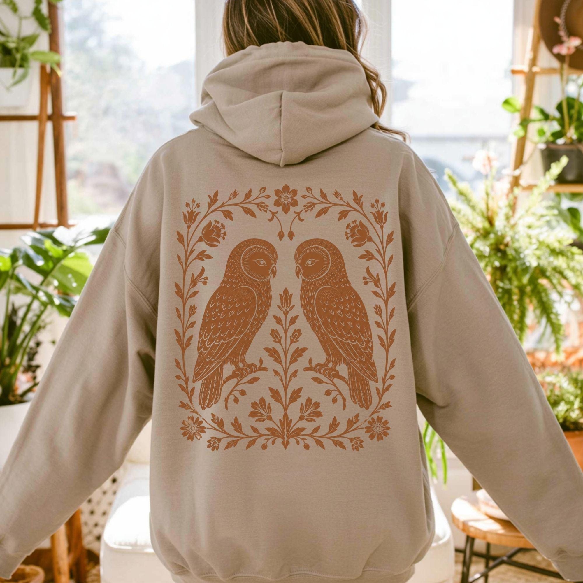 Floral Folk Art Owls Hoodie | Granola Girl Forestcore Clothing