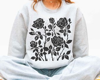 Sudadera Rose: Cuello redondo botánico de estilo cottagecore oscuro