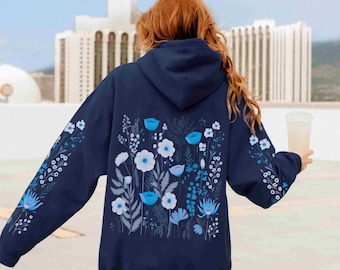 Wildflower Hoodie: Blue Floral Print, Cotton-Blend Fleece