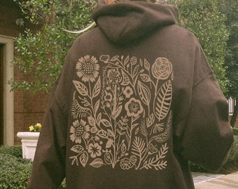 Brown Hoodie Forest Green Hoodie Dark Green Hoodie Wildflowers Hoodie Pressed Flowers Hoodie Nature Hoodie Cottage Core Hoodie