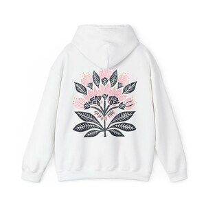 Boho Flower Hoodie: Women's Graphic Linocut Style Sweatshirt White