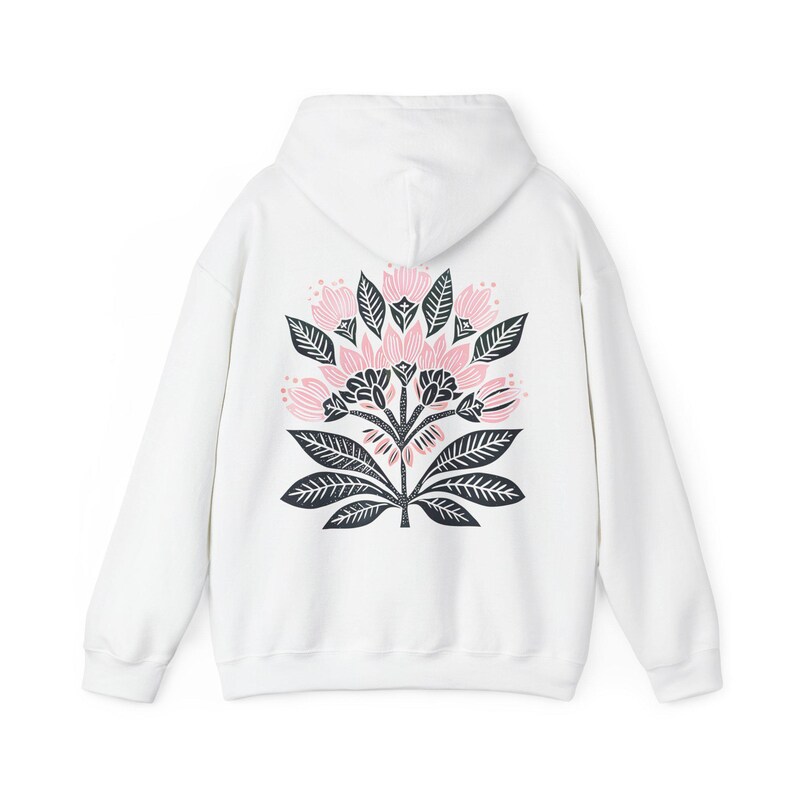 Boho Flower Hoodie: Women's Graphic Linocut Style Sweatshirt White