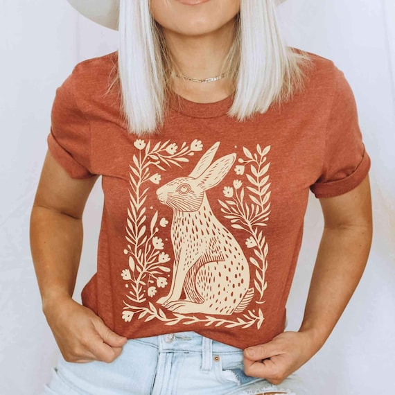 Folk Art Rabbit Shirt Rabbit Sweater Hygge Shirt Naturecore Bunny Sweater Year Of The Rabbit Rabbit Clothes Linocut Shirt Granola Girl