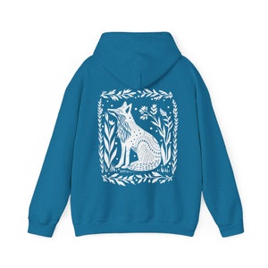 Fox Hoodie Goblincore Hoodie Folk Art Hoodie Forestcore Granola Girl Linocut Shirt Block Print Shirt Granola Girl Oversized Tween Girl Gifts Antique Sapphire