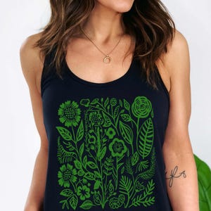 Sage Green Floral Tank Top: Boho Cottagecore Wildflower Print Solid Black
