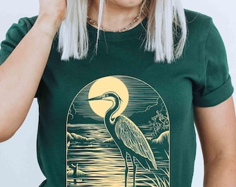 Reiher T-Shirt: Blauer Reiher, Antike Volkskunst Linolschnitt