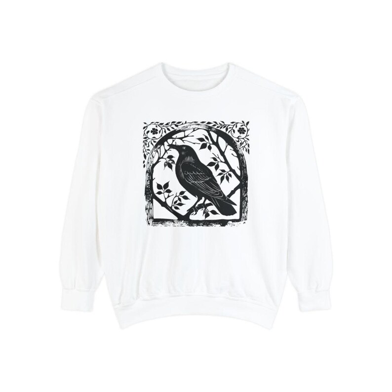 Raven Sweatshirt Bird Sweatshirt Comfortcolors Crewneck Crowcore Linocut Shirt Block Print Shirt Granola Girl Birder Gift Gothic Clothes image 5