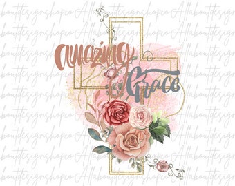 Amazing Grace PNG/Floral Cross Digital Download/Inspirational Cross PNG/Cross Clipart/Religious