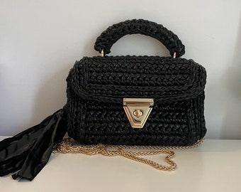 Black handbag/ crochet bag/ woven bag/ luxury bag/ metallic black bag/ gift for her/ wedding bag/ women’s bag/ black purse/ Xmas gift