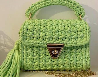 Crochet Crossbody Bag: Light Blue & Green Handmade Purse