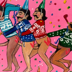 May include: A painting of four people wearing festive hats and sweaters, with confetti falling around them. The people are all smiling and appear to be celebrating.
