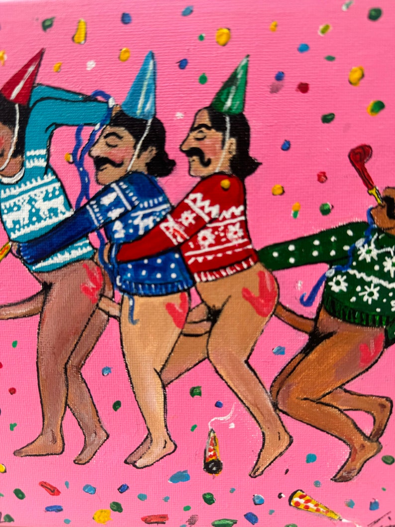 May include: A painting of four people wearing festive hats and sweaters, with confetti falling around them. The people are all smiling and appear to be celebrating.
