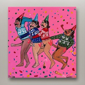 May include: Four figures in a line, wearing festive sweaters and party hats, are celebrating on a pink background with confetti. The figures are all facing forward and have their arms around each other. The figures are all wearing different colored sweaters and party hats. The background is pink with confetti.