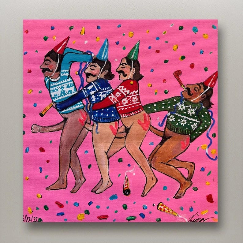 May include: Four figures in a line, wearing festive sweaters and party hats, are celebrating on a pink background with confetti. The figures are all facing forward and have their arms around each other. The figures are all wearing different colored sweaters and party hats. The background is pink with confetti.