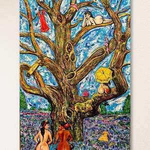 May include: A painting of a large tree with several figures in the branches and at the base. The tree is brown with a thick trunk and many branches. The figures are nude and are wearing various accessories, such as hats, umbrellas, and dresses. The background is a field of blue flowers.