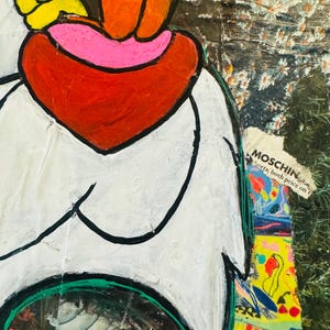 May include: A white, cartoon-like figure with a red heart and orange hands. The figure is painted on a background of colorful, abstract patterns and text that includes the words "HERMES" and "MOSCHINO".