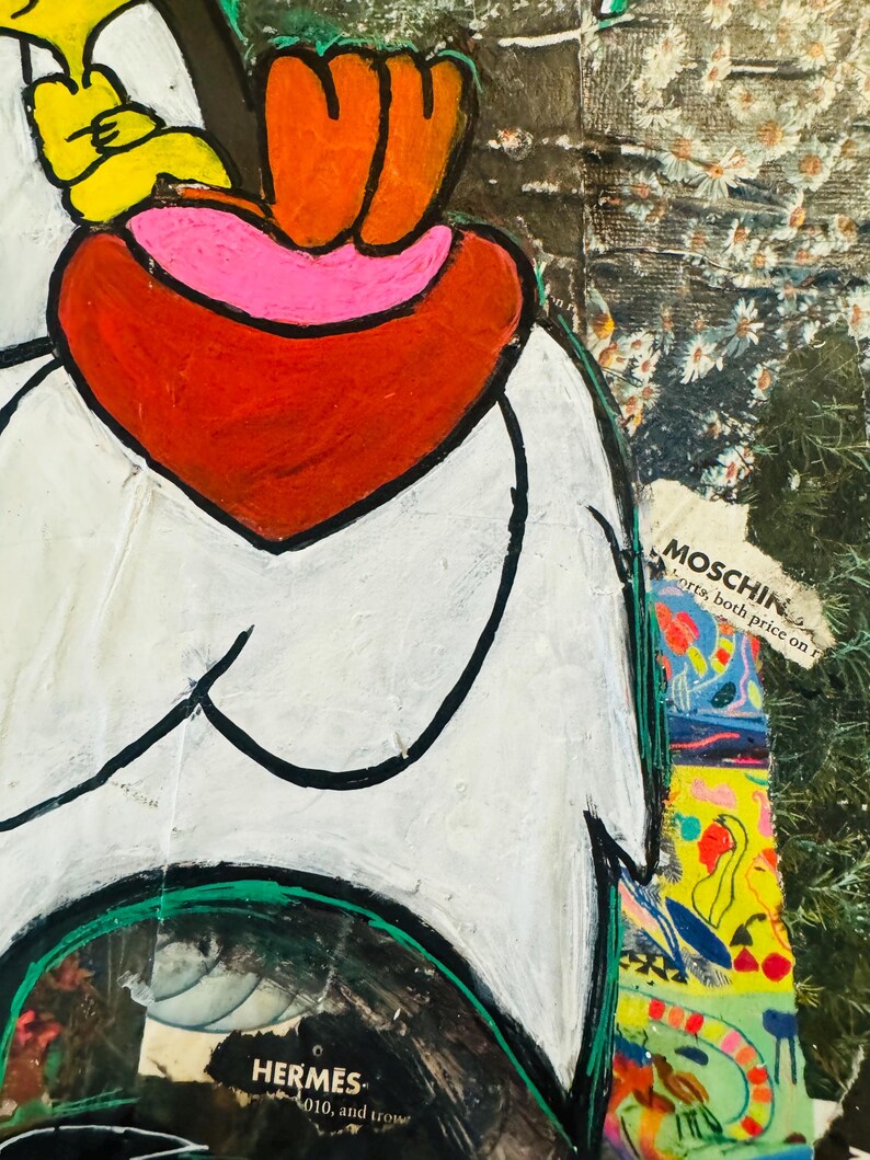 May include: A white, cartoon-like figure with a red heart and orange hands. The figure is painted on a background of colorful, abstract patterns and text that includes the words "HERMES" and "MOSCHINO".