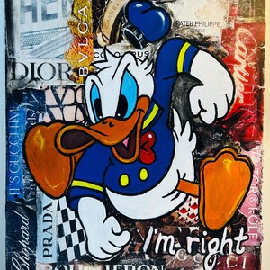 Donald Duck Pop Art | Luxury Cartoon Wall Art | Designer Collage Painting | Dior Prada Louis Vuitton Fashion Artwork