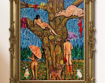 April Showers” – Bold Surreal Oil Painting | Nude Figurative Art by LimaxArt | 1/1 Original