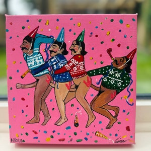 May include: A painting of four men wearing festive sweaters and party hats, with confetti and party favors scattered around them on a pink background. The painting is signed and dated "16/12/22".