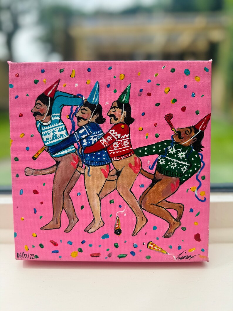 May include: A painting of four men wearing festive sweaters and party hats, with confetti and party favors scattered around them on a pink background. The painting is signed and dated "16/12/22".