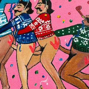 May include: A painting of four people wearing festive sweaters and party hats. They are all standing in a line, with the person in the back holding a party blower. The background is a pink color with confetti.