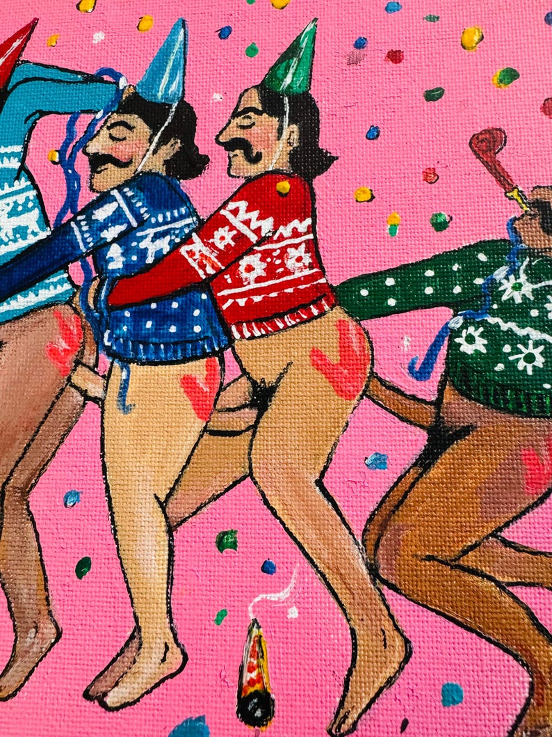 May include: A painting of four people wearing festive sweaters and party hats. They are all standing in a line, with the person in the back holding a party blower. The background is a pink color with confetti.