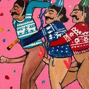 May include: Three figures in a painting wearing party hats and sweaters with festive patterns. The figures are depicted in a playful and humorous manner, with their bodies intertwined and their expressions suggesting a lighthearted celebration.