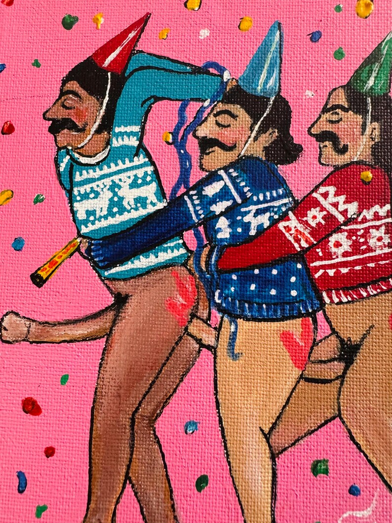 May include: Three figures in a painting wearing party hats and sweaters with festive patterns. The figures are depicted in a playful and humorous manner, with their bodies intertwined and their expressions suggesting a lighthearted celebration.