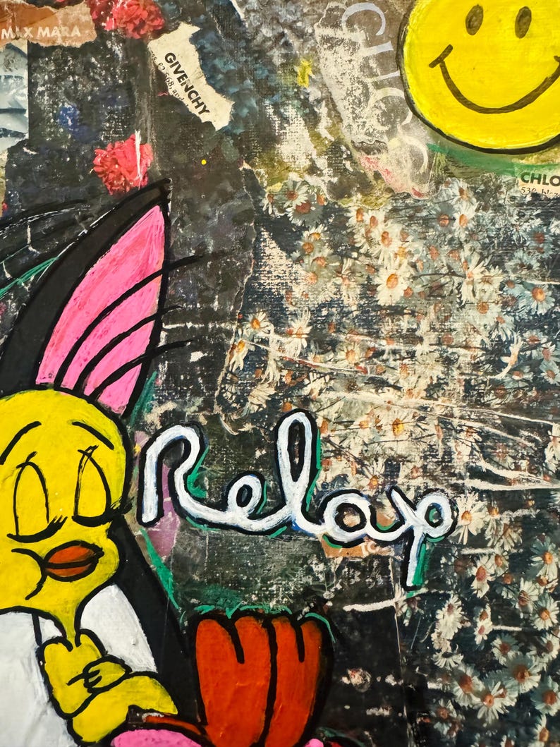 May include: A yellow cartoon bird with closed eyes and a pink beak is painted on a black background. The bird is wearing a white shirt and has a pink wing. The background is a collage of different textures and patterns, including flowers, a smiley face, and the word "Relax".