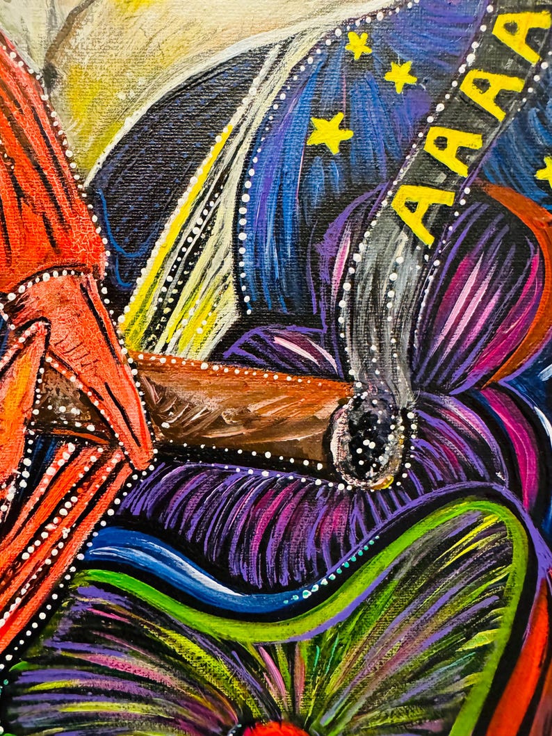 Puede incluir: Pintura abstracta con colores vibrantes, incluyendo rojo, naranja, amarillo, verde, azul y morado. La pintura presenta una gran flor con una superficie texturizada y un fondo blanco con estrellas amarillas y la palabra "AAAA" en letras amarillas.