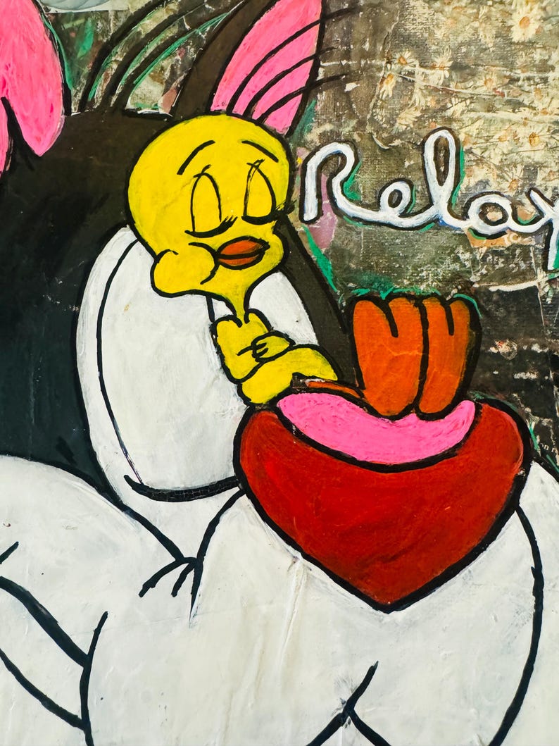 May include: A yellow cartoon bird with closed eyes is nestled in the crook of a black cat's arm. The cat has pink ears and a white heart shape painted on its chest. The background is a textured green and brown canvas with the word "Relax" painted in white.