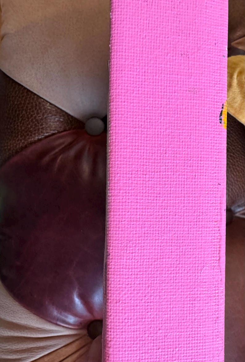 May include: A close-up of a pink canvas painting with a textured surface. The canvas is stretched over a wooden frame.