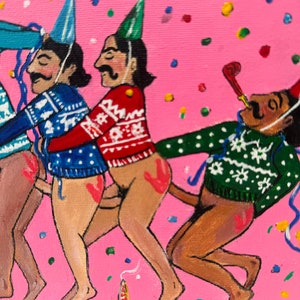 May include: A painting of four people wearing festive hats and sweaters, with confetti and party streamers in the background. The people are all smiling and appear to be celebrating.