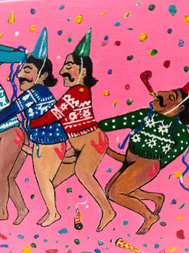 May include: A painting of four people wearing festive hats and sweaters, with confetti and party streamers in the background. The people are all smiling and appear to be celebrating.