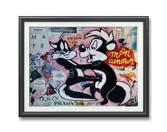 Original Pop Art Painting, Pepe Le Pew Street Art Canvas, Pink Graffiti Artwork