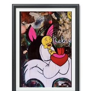 May include: A framed print of a cartoon cat and bird with a red heart and the word "Relax" in white letters. The background is a collage of colorful images and textures.